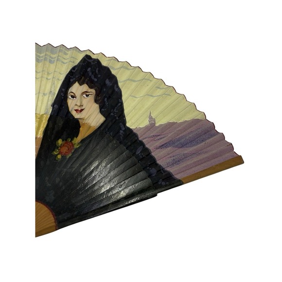 Antique Spanish Hand Painted Wood- Paper Hand Folding Fan